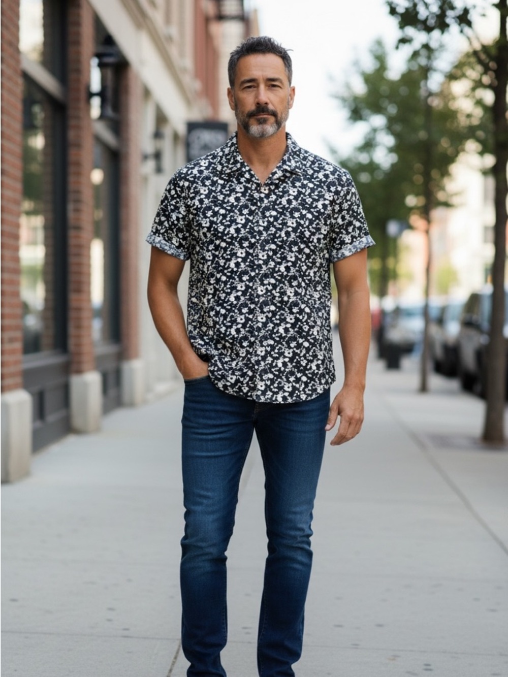 Men's Jack Spade Navy & White Floral Short Sleeve Shirt - Modern Fit sz M